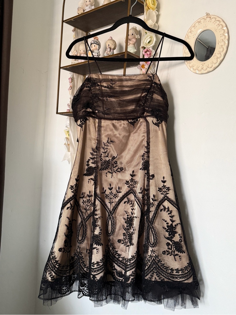 Strapless Black-Trimmed Champagne Cocktail Dress
